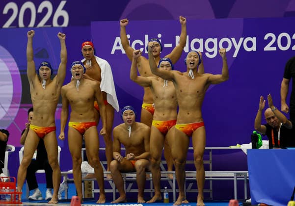 (261002) -- NAGOYA, Oct. 2, 2026 -- Team China celebrate during the men s Water polo, Wasserball semifinal match between China and Kazakhstan at the 20th Asian Games Aichi-Nagoya 2026 in Nagoya, Japan, Oct. 2, 2026. ) (SP)JAPAN-NAGOYA-ASIAN GAMES-WATER POLO-SEMIFINAL WuxZhizun 