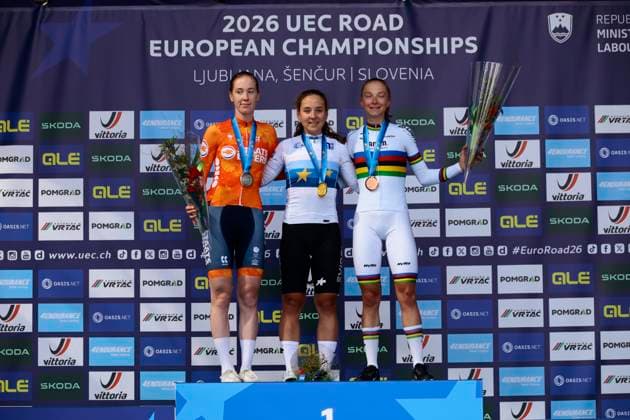 UEC 2026 Road European Championships Ljubljana 02 10 2026 SENCUR, SLOVENIA - OCTOBER 02 : Vinke Nienke (NED), Winter Mara (SUI) and Chladonova Viktoria (SVK) pictured during the podium ceremony of the Women U23 cycling road race at the 2026 UEC Road European Championships. An UCI Continental Championships cycling race of 88,4 km with start and finsih in Sencur on October 2, 2026 in Sencur, Slovenia, 02 10 2026 Sencur Slovenia  Copyright: xLucaxBettinix