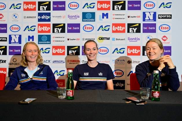 UEC 2026 Road European Championships Ljubljana - media activities 02 10 2026 LJUBLJANA, SLOVENIA - OCTOBER 02 : Claes Lotte (BEL), Tas Sandrine (BEL) and Vanpachtenbeke Margot (BEL) during a press conference, PK, Pressekonferenz at the 2026 UEC Road European Championships. An UCI Continental Championships cycling race of 88,4 km with start and finsih in Sencur on October 2, 2026 in Ljubljana, Slovenia, 02 10 2026 Ljubljana Slovenia  Copyright: xJanxDexMeuleneirx