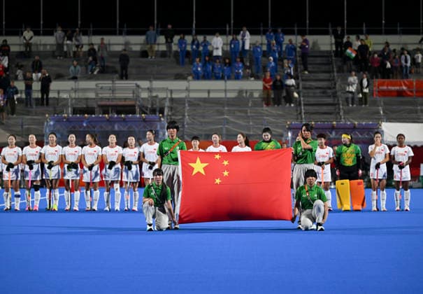(261002) -- GIFU, Oct. 2, 2026 -- Team China line up before the women hockey final match between China and India at 20th Asian Games Aichi-Nagoya 2026 in Gifu, Japan, Oct. 2, 2026. ) (SP)JAPAN-GIFU-ASIAN GAMES-HOCKEY-WOMEN-FINAL LiuxLei 