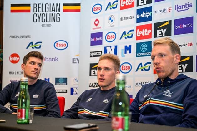 Belgian Louis Vervaeke; Belgian Ilan Van Wilder and Belgian Sander De Pestel of Decathlon CMA CGM Team are pictured during a press conference, PK, Pressekonferenz ahead of the cycling European Championships, in Ljubljana, Slovenia, Friday 2 October 2026. The UEC road championships are taking place from 03 to 07 October. DAVIDxPINTENS  x188534136x