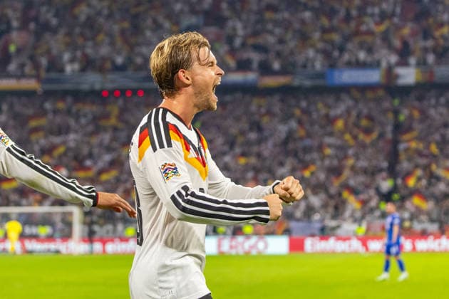 October 1, 2026 Germany vs. Serbia, Munich, October 1, 2026, Soccer, Nations League, 2026–2027 Season, Germany vs. Serbia, Maximilian Mittelstädt (Germany), celebrating a goal (2–0), Wirtz
