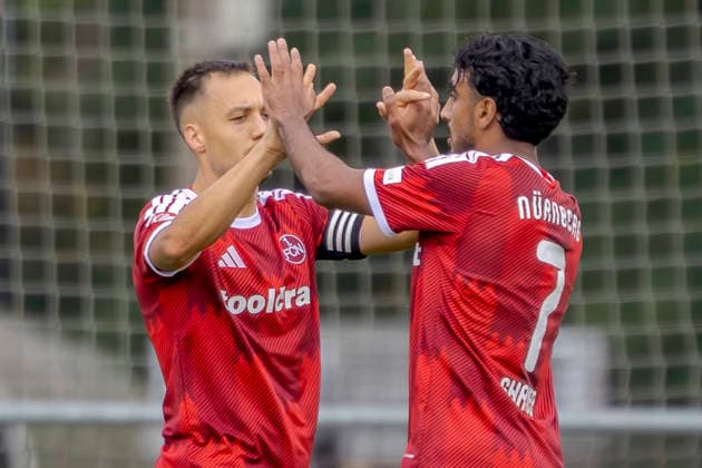 Nuremberg, Germany October 2, 2026 Friendly Match 2026–2027 1. FC Nuremberg vs. FC Ingolstadt 04 Pictured, second from left: Goal scorer Rayan Ghrieb of FCN celebrates his 2–0 goal with Julian Justvan of FCN at Sportpark ValznerweiBavaria Copyright: xFotostandx xSchäferx