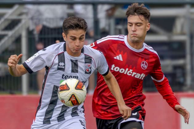 Nuremberg, Germany, October 2, 2026; Friendly Match 2026–2027: 1. FC Nürnberg vs. FC Ingolstadt 04. Pictured, from left, in a tackle: Emre Gül Guel (FCI) and Javier Fernandez (FCN) at Sportpark Valznerweiher, Bavaria. Copyright: xFotostandx xSchäferx