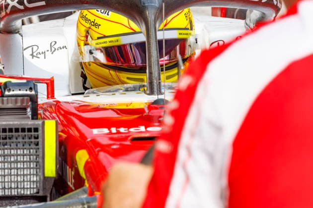 2nd October 2026; Sepang IC, Kuala Lumpur, Malaysia; Formula 1, Bahrain Grand Prix, Free Practice Day; Lewis Hamilton (44) of Great Britain and Scuderia Ferrari HP in the pits during free practice 2 at the Bahrain Grand Prix StephenxBlackberry