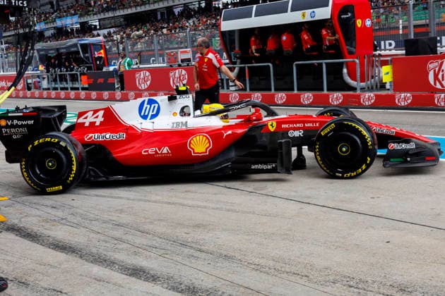2nd October 2026; Sepang IC, Kuala Lumpur, Malaysia; Formula 1, Bahrain Grand Prix, Free Practice Day; Lewis Hamilton (44) of Great Britain and Scuderia Ferrari HP in the pits during free practice 2 at the Bahrain Grand Prix StephenxBlackberry