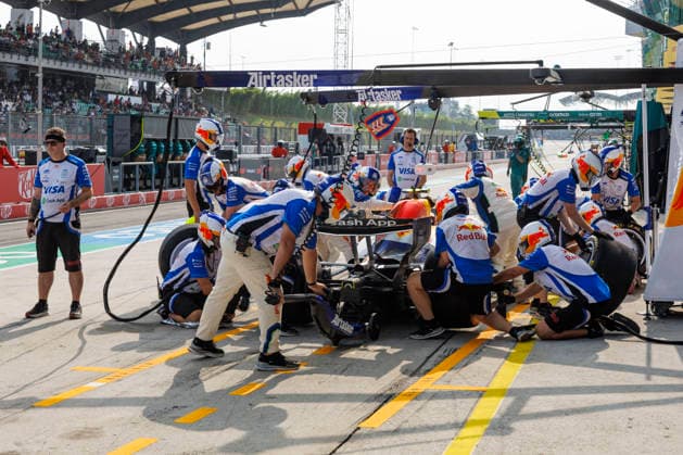 2nd October 2026; Sepang IC, Kuala Lumpur, Malaysia; Formula 1, Bahrain Grand Prix, Free Practice Day; Liam Lawson (30) of New Zealand and Visa Cash App Racing Bulls Formula One Team in the pits during free practice 2 at the Bahrain Grand Prix StephenxBlackberry