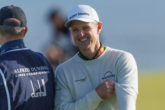 RECORD DATE NOT STATED 2nd October 2026; Kingsbarns Golf Links, St Andrews, Scotland; DP World Tour Golf, Alfred Dunhill Links Championship, Day 2; Justin Rose of England grins as he walks down the fourth hole DavidxYoung