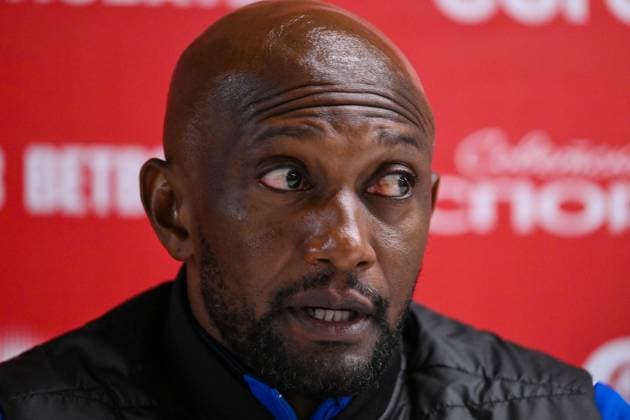 Russia Soccer Friendly Namibia Training 9256257 02.10.2026 Namibia s head coach Collin Benjamin attends a news conference on the eve of the friendly soccer match against Russia at Yekaterinburg Arena in Yekaterinburg, Russia. Grigory Sysoev Sputnik Yekaterinburg Russia  Copyright: xGrigoryxSysoevx