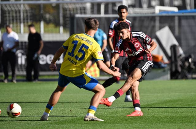 October 2, 2026, xjhx, soccer exhibition match, Eintracht Frankfurt vs. Eintracht Braunschweig; Max Marie (Eintracht Braunschweig), Ayoube Amaimouni Echghouyab (Eintracht Frankfurt), Frankfurt am Main
