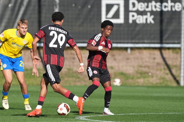 Ayoube Amaimouni Echghouyab, Eintracht Frankfurt; Lawrence Setordije, Eintracht Frankfurt; October 2, 2026; Bundesliga, 2026–27 season; Eintracht Frankfurt vs. Eintracht Braunschweig; Deutsche Bank Park; training field; friendly match