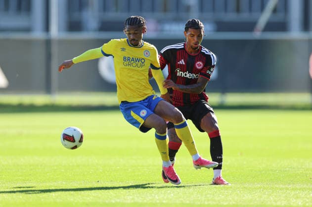 October 2, 2026, Soccer Friendly Match, Eintracht Frankfurt vs. Eintracht Braunschweig, from left: Sidi Sane (Eintracht Braunschweig), Otavio Galdino Fernandes (Eintracht Frankfurt). DFL and DFB regulations prohibit any use of photographs as image sequences and or quasi-video. xdcx Copyright: HMBxMedia Claus