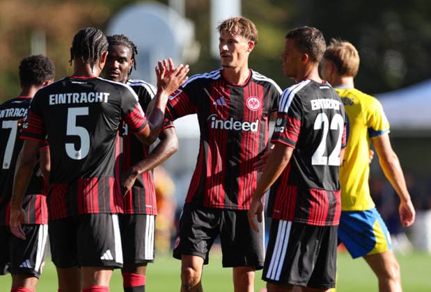 October 2, 2026, Soccer Friendly Match, Eintracht Frankfurt vs. Eintracht Braunschweig, from left, goal celebration for the 1-0 goal by Otavio Galdino Fernandes of Eintracht Frankfurt, Robin Koch (Eintracht Frankfurt), goal celebration, celebrating the goal. DFL and DFB regulations prohibit any use of photographs as image sequences and or quasi-video. xdcx Copyright: HMBxMedia Claus