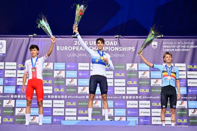 UEC 2026 Road European Championships Ljubljana 02 10 2026 LJUBLJANA, SLOVENIA - OCTOBER 02 : silver medal Jackowiak Jan Michal (POL), gold medal Alvarez Hector (ESP), bronze medal Driesen Niels (BEL) pictured during the podium ceremony of the Men U23 cycling road race at the 2026 UEC Road European Championships. An UCI Continental Championships cycling race of 141,9 km with start in Ljubljana and finish in Sencur on October 2, 2026 in Ljubljana, Slovenia, 02 10 2026 Ljubljana Slovenia  Copyright: xJanxDexMeuleneirx