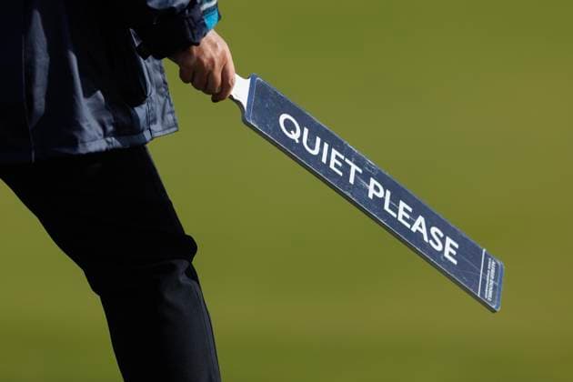 RECORD DATE NOT STATED 2nd October 2026; Kingsbarns Golf Links, St Andrews, Scotland; DP World Tour Golf, Alfred Dunhill Links Championship, Day 2; A marshall with a quiet please board at Kingsbarns DavidxYoung