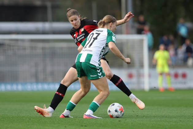 Sarah Gutmann of SV Werder Bremen and Lilla Turanyi of Bayer 04 Leverkusen battle for the ball during the Women s Bundesliga match between Bayer 04 Leverkusen and SV Werder Bremen at Ulrich Haberland Stadium on October 2, 2026, in Leverkusen, Germany. Photo by Oliver Kaelke, DeFodi Images. Sarah Gutmann of SV Werder Bremen and Lilla Turanyi of Bayer 04 Leverkusen battle for the ball during the Bundesliga match between Bayer 04 Leverkusen and SV Werder Bremen at Ulrich Haberland Stadium on October 2, 2026 in Leverkusen, Germany. Photo by Oliver Kaelke, DeFodi Images. DFB and DFL regulations prohibit any use of photographs as image sequences and or quasi-video. Photo by Oliver Kaelke, DeFodi Images.