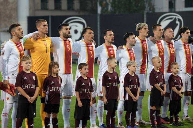 Montenegro team players stand before their UEFA Nations League Group C2 football game between Latvia and Montenegro in Riga, Latvia, Fri, Oct. 2, 2026. Riga Latvia Copyright: xRomanxKoksarovx RKV09640.JPG