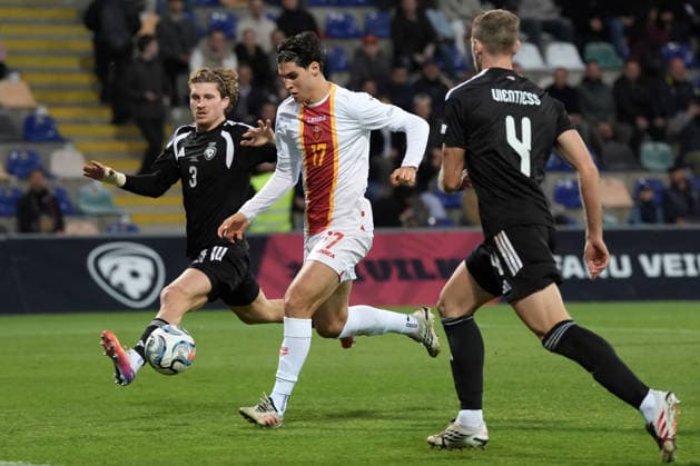 Vasilije Adzic (17) of Montenegro, centre, scores his first goal during UEFA Nations League Group C2 football game between Latvia and Montenegro in Riga, Latvia, Fri, Oct. 2, 2026. Riga Latvia Copyright: xRomanxKoksarovx RKV09691.JPG