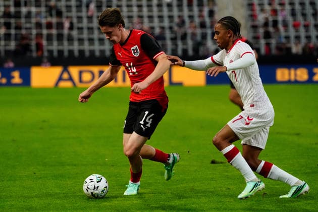 SOCCER - UEFA U21, U 21 EURO quali, AUT vs DEN VIENNA,AUSTRIA,02.OCT.26 - SOCCER - UEFA European Under-21 Championship 2027, qualifiers, OEFB Under-21 international match, Länderspiel, Nationalmannschaft Austria vs Denmark. Image shows Luca Weinhandl (AUT) and Noah Nartey (DEN).  GEPAxpictures xKevinxKada