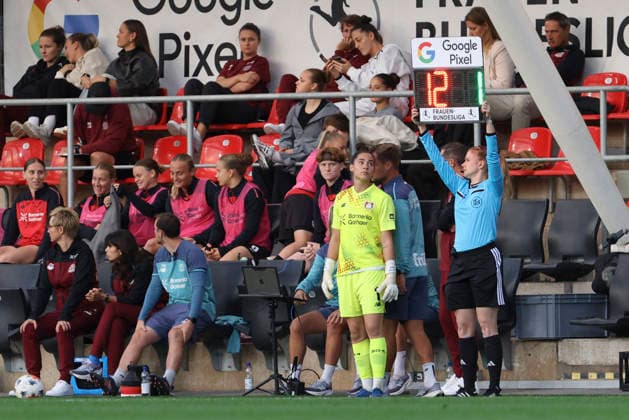 Goalkeeper Charlotte Voll of Bayer 04 Leverkusen coming on as a substitute during the Women s Bundesliga match between Bayer 04 Leverkusen and SV Werder Bremen, Ulrich Haberland Stadium on October 2, 2026, in Leverkusen, Germany. Photo by Oliver Kaelke, DeFodi Images. Goalkeeper Charlotte Voll of Bayer 04 Leverkusen substitutes during the Bundesliga match between Bayer 04 Leverkusen and SV Werder Bremen at Ulrich Haberland Stadium on October 2, 2026 in Leverkusen, Germany. Photo by Oliver Kaelke, DeFodi Images. DFB and DFL regulations prohibit any use of photographs as image sequences and or quasi-video. Photo by Oliver Kaelke, DeFodi Images.