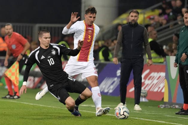 Lukass Vapne (10) of Latvia and Risto Radunovic (3) of Montenegro In action during UEFA Nations League Group C2 football game between Latvia and Montenegro in Riga, Latvia, Fri, Oct. 2, 2026. Riga Latvia Copyright: xRomanxKoksarovx RKV09808.JPG