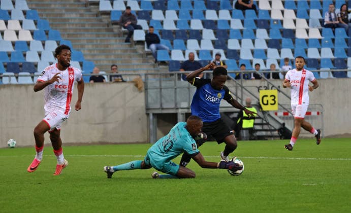 October 2, 2026, Soccer, Men s, Friendly Match, 2026–2027 Season, 1 FC Saarbrücken vs. AS Nancy Lorraine, Yannis Nahounou (AS Nancy Lorraine), Geoffrey Lembet (AS Nancy Lorraine), Kelsey Owusu, 1 FC Saarbrücken, Saarbrücken, Ludwigsparkstadion, Saarland, Germany Copyright: xFabianxKleerx