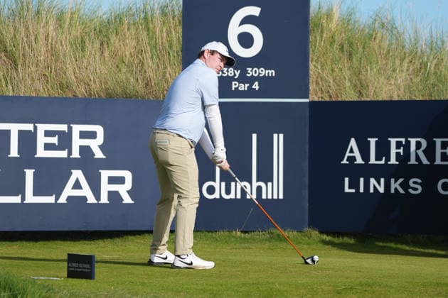 RECORD DATE NOT STATED 2nd October 2026; Kingsbarns Golf Links, Kingsbarns, Scotland; DP World Tour Golf, Alfred Dunhill Links Championship, Day 2; Robert MacIntyre plays his tee shot on the 6th hole AlecxBrown