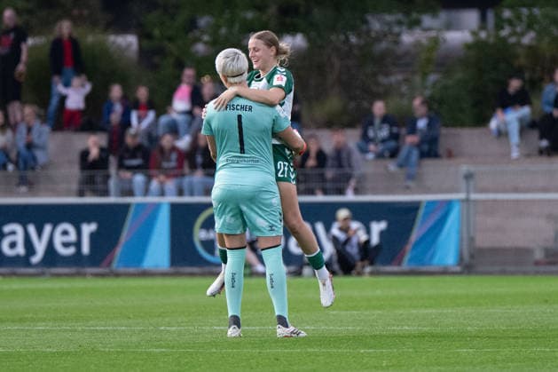 Vanessa Fischer 1 of Werder Bremen Women and Sarah Gutmann 27 of Werder Bremen Women celebrate the goal that made the score 0–1, Bayer 04 Leverkusen Women vs. SV Werder Bremen Women, Soccer, Google Pixel Women s Bundesliga, Matchday 6, 2026–2027, October 2, 2026. DFB regulations prohibit any use of photographs as image sequences and or quasi-video. Leverkusen, North Rhine-Westphalia, Germany Copyright: xkolbert-press MarkusxVerwimpx