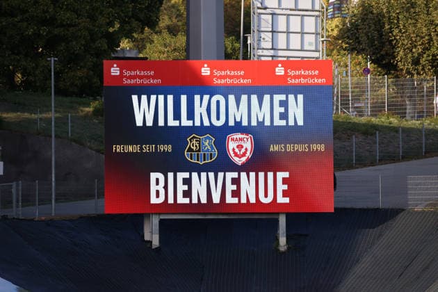 October 2, 2026, Soccer, Men s, Friendly Match, 2026–2027 Season, 1 FC Saarbrücken vs. AS Nancy Lorraine, The scoreboard before the game, video wall, Welcome, Bienvenue, Saarbrücken, Ludwigsparkstadion, Saarland, Germany Copyright: xFabianxKleerx