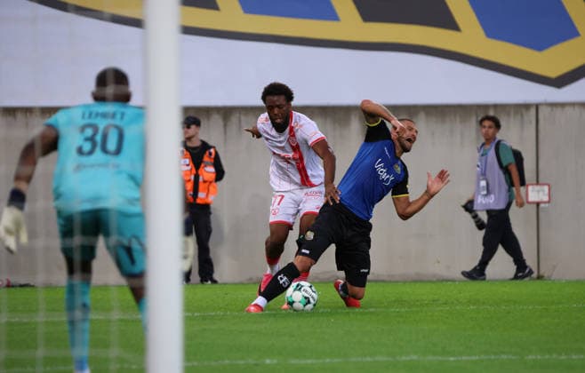 October 2, 2026, Soccer, Men s, Friendly Match, 2026–2027 Season, 1 FC Saarbrücken vs. AS Nancy Lorraine, Yannis Nahounou (AS Nancy Lorraine) and Kai Brünker (1 FC Saarbrücken), Ludwigsparkstadion, Saarbrücken, Saarland, Germany Copyright: xFabianxKleerx