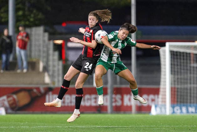 Lilla Turanyi of Bayer 04 Leverkusen and Luna Vanzeir of SV Werder Bremen battle for the ball during the Women s Bundesliga match between Bayer 04 Leverkusen and SV Werder Bremen at Ulrich Haberland Stadium on October 2, 2026, in Leverkusen, Germany. Photo by Oliver Kaelke, DeFodi Images. Lilla Turanyi of Bayer 04 Leverkusen and Luna Vanzeir of SV Werder Bremen battle for the ball during the Bundesliga match between Bayer 04 Leverkusen and SV Werder Bremen at Ulrich Haberland Stadium on October 2, 2026 in Leverkusen, Germany. Photo by Oliver Kaelke, DeFodi Images. DFB and DFL regulations prohibit any use of photographs as image sequences and or quasi-video. Photo by Oliver Kaelke, DeFodi Images.