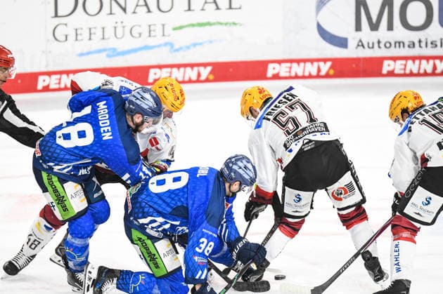Tyler Madden and Stefan Loibl of the Straubing Tigers face off against Dustin Friesen of the Bremerhaven Pinguins, Men s Ice Hockey, German Ice Hockey League, Penny DEL, Matchday 5, 2026–2027 season on October 2, 2026, at the Eisstadion am Pulverturm, Straubing Tigers (blue) vs. Pinguins Bremerhaven (white)