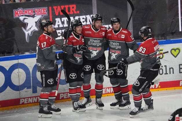 Cologne, DEL, 2026–2027 season, Kölner Haie vs. EHC Red Bull Munich, October 2, 2026, Lanxess Arena, Cologne; Kölner Haie celebrate