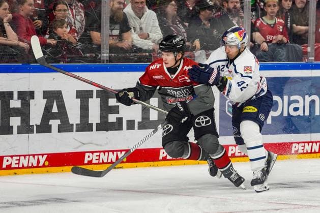 Ice Hockey: Penny DEL, Matchday 5—Cologne Sharks vs. EHC Red Bull Munich on October 2, 2026, at the Lanxess Arena in Cologne. Carlos Händel, Cologne, on the left, Yasin Ehliz of Munich; on the right. In accordance with the regulations of the DEL (German Ice Hockey League), the publication and further use of the footage in electronic media and on devices of any kind during the game is not permitted. xDMx
