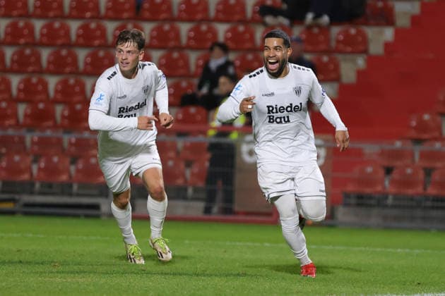 October 2, 2026, Soccer, Men s, Bavarian Regional League, 2026–2027 Season, Matchday 12: SpVgg Unterhaching vs. FC Schweinfurt 05. Valentin Schmitt (FC Schweinfurt 05), 11, on the right; goal scorer Jason Prodanovic (FC Schweinfurt 05), 17, celebrates the 1–0 win. Uhlsport Park, Unterhaching, Bavaria, Germany