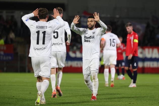 October 2, 2026, Soccer, Men s, Bavarian Regional League, 2026–2027 Season, Matchday 12: SpVgg Unterhaching vs. FC Schweinfurt 05. From left: Valentin Schmitt (FC Schweinfurt 05, No. 11) and goal scorer Jason Prodanovic (FC Schweinfurt 05, No. 17) celebrate the 1–0 win over Unterhaching at Uhlsport Park in Unterhaching, Bavaria, Germany