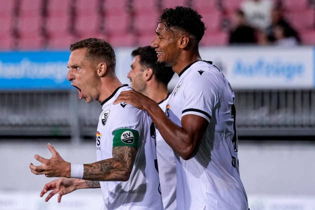 From left: Goal scorer Marco Kehl Gomez (SVS), 33, captain; Yannick Osee (SVS), 13; a player from SV Sandhausen (SVS); celebrating the 1-0 goal, Celebration, goal celebration, goal scored, celebrating the goal, goal, celebration, celebrating the goal, joy, happiness, happy, optimistic, positive, game scene, highlight, action, 02 10 2026, Sandhausen, Germany, soccer, Regionalliga Southwest, SV Sandhausen 1 vs. FC Kaiserslautern II xozx