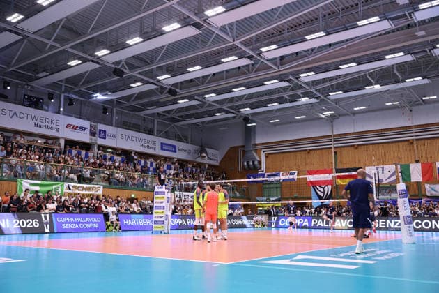 VOLLEYBALL - Coppa Pallavolo Senza Confini HARTBERG,AUSTRIA,02.OCT.26 - VOLLEYBALL - Coppa Pallavolo Senza Confini, VfB Friedrichshafen vs Verona Volley. Image shows overview of Stadtwerkehalle Hartberg.  GEPAxpictures xChrisxBauer
