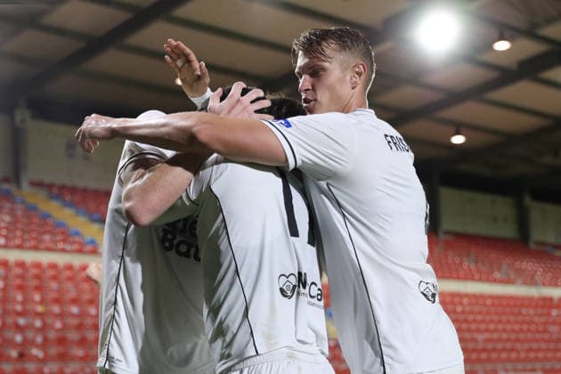 October 2, 2026, Soccer, Men s, Bavarian Regional League, 2026–2027 Season, Matchday 12: SpVgg Unterhaching vs. FC Schweinfurt 05; Schweinfurt celebrates a 1–0 victory over Unterhaching at Uhlsport Park in Unterhaching, Bavaria, Germany
