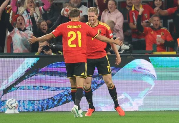 Belgium s Kevin De Bruyne celebrates after scoring during pictured during a soccer game between Belgian national team, Nationalteam Red Devils and Turkey, on Friday 2 October 2026 in Liege, the third game of the UEFA Nations League group stage. VIRGINIExLEFOUR  x188564509x