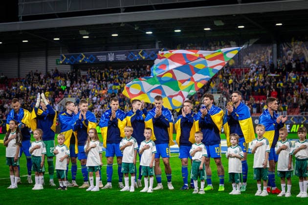 UKRAINE - NORTHERN IRELAND Players of Ukraine during the national anthem during UEFA Nations League - League B - Group B2 - Matchday 3 - football match between Ukraine and Northern Ireland. Anton Malatinsky Stadium, City Arena, Trnava, Slovakia, October 02, 2026. Photo by Branislav Racko Copyright: xx _BRR0334