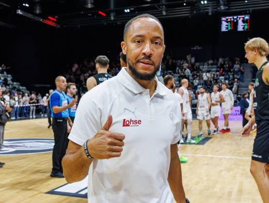 October 2, 2026 Basketball Season 2026–2027 2nd Bundesliga Pro A Matchday 2 Nuremberg Falcons Basketball Club NBC EPG Baskets Koblenz Sports photo by Zink DaMa xdaxmax Joy and celebration after the game Tim Timothy James Black Head Coach Nuremberg Falcons BC NBC gives a thumbs-up