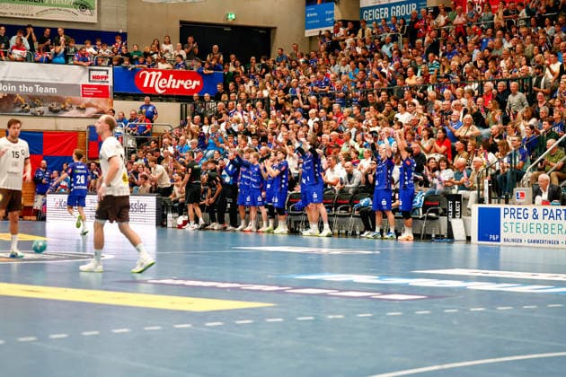 Joy, cheering, jubilation, goal celebration, celebrating the goal, celebration by the Balingen team, GER, HBW Balingen Weilstetten vs. Bergischer HC, handball, Opel Handball Bundesliga, Matchday 7, 2026–2027 season, October 2, 2026, GER, HBW Balingen Weilstetten vs. Bergischer HC, handball, Opel Handball Bundesliga, Matchday 7, 2026–2027 season, October 2, 2026, Balingen Copyright: xEibner-Pressefoto KirstenxJaegerx