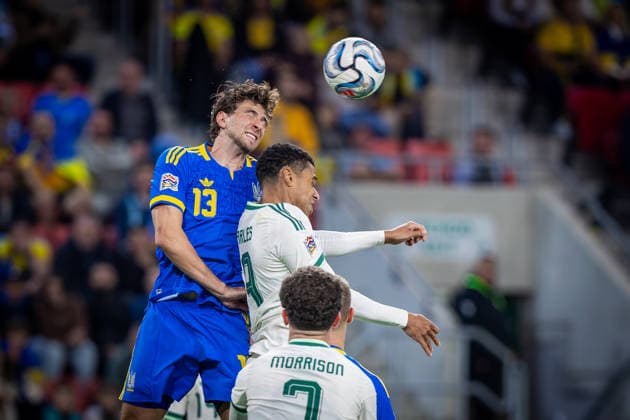 UKRAINE - NORTHERN IRELAND Illia Zabarnyi of Ukraine and Paris Saint Germain and Dion Charles of Northern Ireland and Blackpool during UEFA Nations League - League B - Group B2 - Matchday 3 - football match between Ukraine and Northern Ireland. Anton Malatinsky Stadium, City Arena, Trnava, Slovakia, October 02, 2026. Photo by Branislav Racko Copyright: xx 080A8709