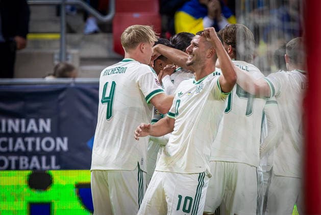 UKRAINE - NORTHERN IRELAND Jamie Donley of Northern Ireland and Luton Town celebrates a goal during UEFA Nations League - League B - Group B2 - Matchday 3 - football match between Ukraine and Northern Ireland. Anton Malatinsky Stadium, City Arena, Trnava, Slovakia, October 02, 2026. Photo by Branislav Racko Copyright: xx 080A8850