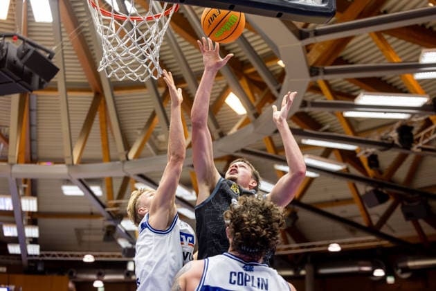 HAKRO Merlins Crailsheim vs. Tübingen, Men s, 2nd Bundesliga, Barmer 2 Basketball Bundesliga, Pro A, Matchday 2, 2026–2027 Season, October 2, 2026: Creighton Morisch of the Tübingen Tigers scored 24 points against Lucas Mayer of the HAKRO Merlins Crailsheim, while Booker Coplin of the HAKRO Merlins Crailsheim scored 6 points under the basket