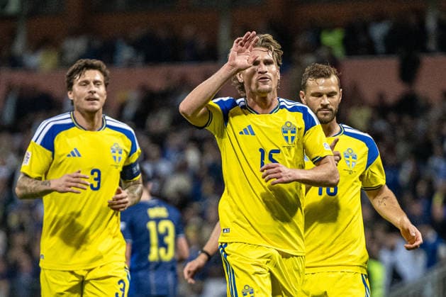October 2, 2026: Victor Lindelöf, Carl Starfelt, and Jesper Karlström of Sweden celebrate after the 0–1 victory during the Nations League soccer match between Bosnia and Herzegovina and Sweden on October 2, 2026 in Zenica. Photo by Ludvig Thunman, BILDBYRAN, code LT LT0823: soccer, football, fotball, Nations League, UEFA Nations League, Bosnia and Herzegovina, Sweden, Sweden A, BBENG, celebration Copyright: LUDVIGxTHUNMAN BB261002LT113