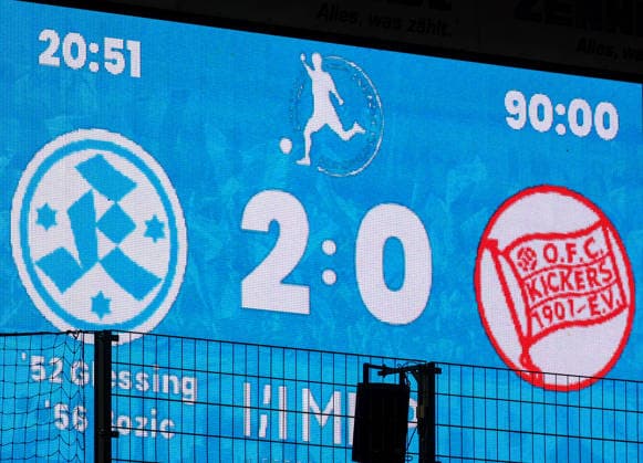 October 2, 2026, Germany, Stuttgart, Soccer, Regionalliga Südwest, SV Stuttgarter Kickers vs. Kickers Offenbach, scoreboard showing the final score of 2–0