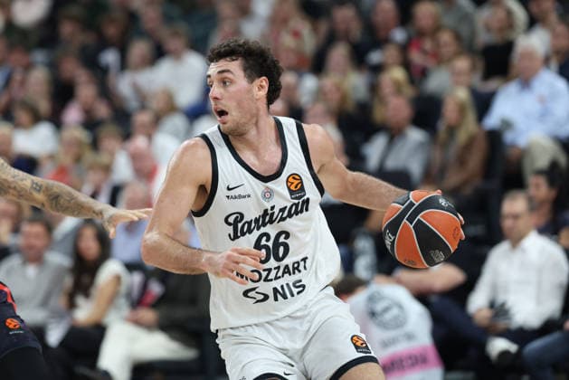 Alessandro Pajola, Partizan Belgrade, No. 66 with the ball, GER, FC Bayern Basketball vs. Partizan Mozzart Bet Belgrade, Basketball, EuroLeague, Matchday 3, 2026–2027 Season, October 2, 2026, GER, FC Bayern Basketball vs. Partizan Mozzart Bet Belgrade, Basketball, EuroLeague, Matchday 3, 2026–2027 Season, October 2, 2026, Munich Copyright: xEibner-Pressefoto JennixMaulx EP_JML