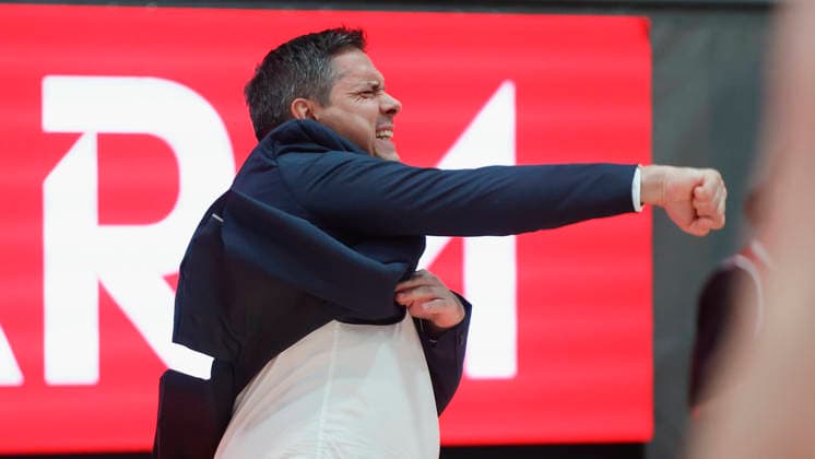 Pictured: Head Coach Sasa Filipovski of the Würzburg Baskets looking excited, October 2, 2026, Fitness First Würzburg Baskets vs. Telekom Baskets Bonn, easyCredit BBL, Matchday 4, Germany, 97072, tectake Arena Würzburg, Copyright: HMBxMedia xJulienxBecker